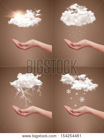 Realistic Weather Symbols with female hand and icons illustration
