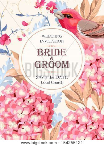 Vector vintage wedding invitation with hydrangea and birds