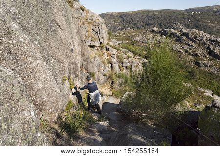 PENEDA, PORTUGAL - October 9, 2016: Detail of the rocky access to the medieval castle in Castro Laboreiro Northern Portugal