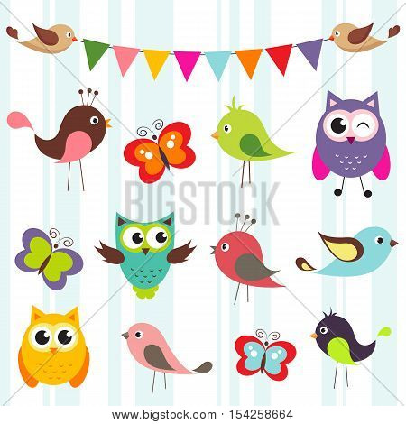 set of cute birds and butterflies and flags