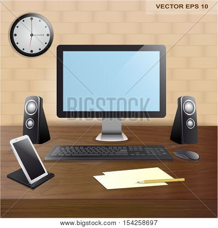 Workplace table. A computer. The modern concept. Realistic. For your design.
