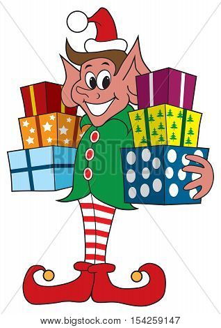 Smiling Christmas elf holding presents that are ready to be delivered