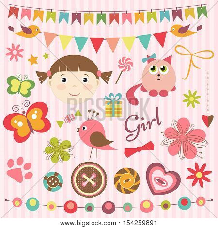 Scrapbook baby girl set with animals and flags