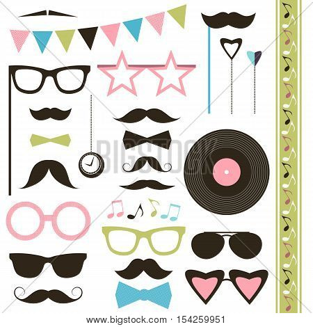 Set of retro disco party elements. Mustaches and sunglasses.