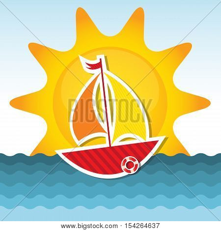 sailing boat sticker on the sea with sunrise