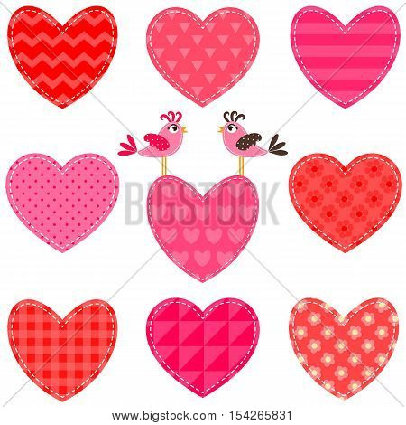 Set of red and pink hearts and birds