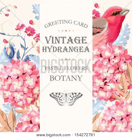 Vector greeting card with vintage hydrangea and the bird
