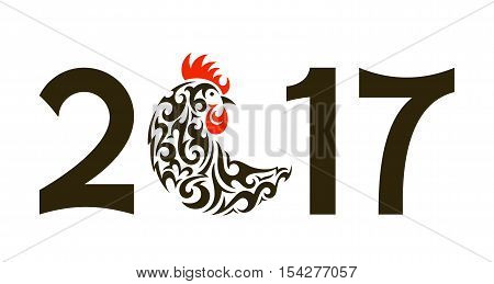 Greeting card with rooster - symbol of New Year 2017. EPS 10 vector illustration. Decorative ornament in tribal style.