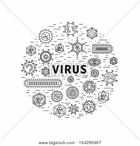 Vector illustration of cells of microorganisms, viruses, DNA and RNA. Cells of different pathogens and viruses drawn in a linear style, are icons of the cells.