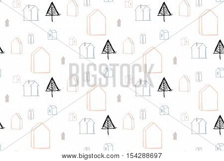 Hand drawn vector abstract Christmas tree background seamless pattern with graphic simple christmas trees and pastel colored decor terrariums houses isolated on white background.