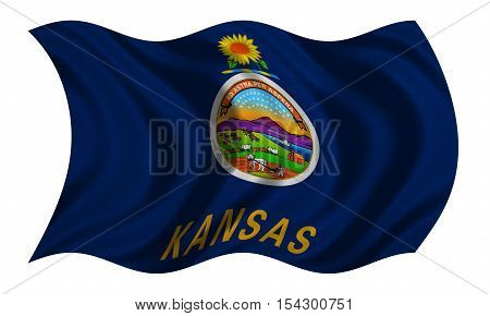 Flag of the US state of Kansas. American patriotic element. USA banner. United States of America symbol. Kansan official flag with real detailed fabric texture wavy isolated on white illustration