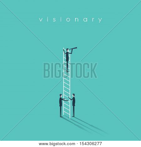 Business vision, leadership and teamwork concept vector background. Businessman standing on a ladder with monocular. Eps10 vector illustration.