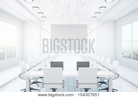 White conference interior with blank wooden wall equipment and city view. Mock up 3D Rendering