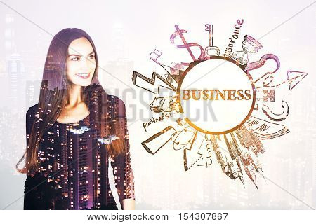 Grogeous smiling girl on abstract light background with round business sketch and night city view. Success concept. Double exposure