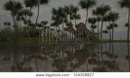 3d illustration of the spinosaurus walking in swamp waters