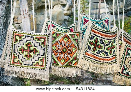 Colorful traditional bags in Ananuri castle . Georgia, Europe.