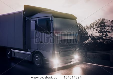 Big truck on night landscape background. Cargo concept. 3D Rendering