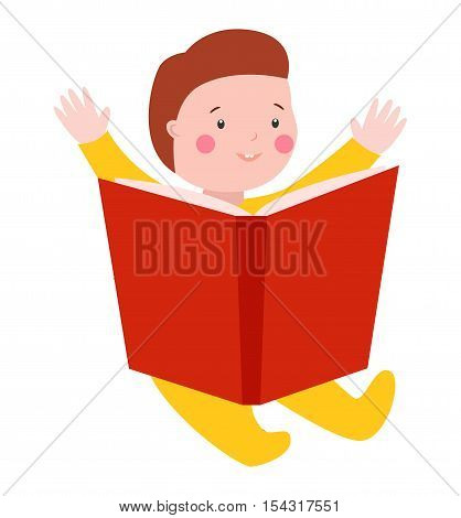 Enthusiastic little boy with book sitting on floor isolated on white.