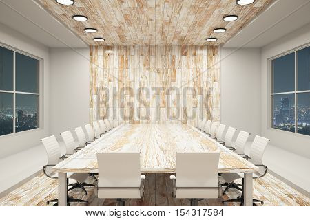 Modern conference interior with blank wooden wall equipment and night city view. Mock up 3D Rendering