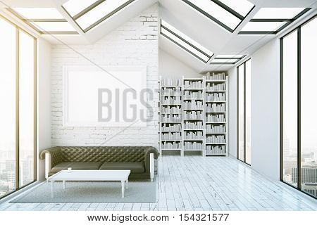 Creative interior with blank picture frame luxurious brown leather sofa coffee table bookshelves and city view. Modern library concept. Front view Mock up 3D Rendering