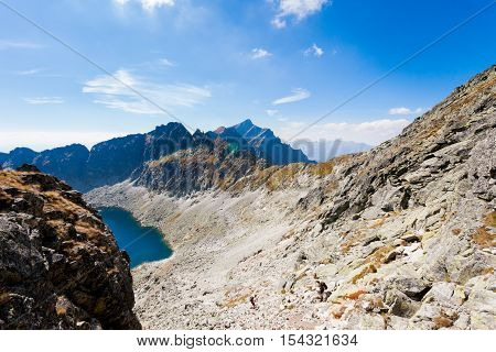 Beautiful Vysne Wahlenbergovo pleso Krivan in Furkotska dolina view from Bystre sedlo - in slovakian high Tatra mountains. Summer panorama with great weather and blue sky
