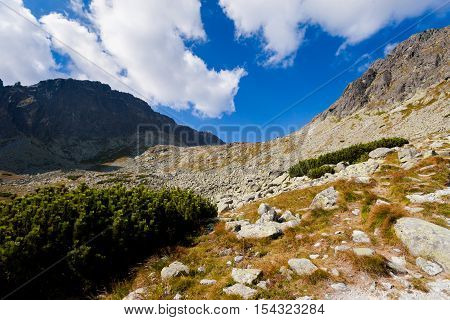 Beautiful Furkotska dolina on the way to Bystre sedlo - in slovakian high Tatra mountains. Summer panorama with great weather and blue sky