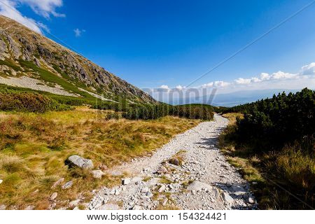 Beautiful Furkotska dolina on the way to Bystre sedlo - in slovakian high Tatra mountains. Summer panorama with great weather and blue sky