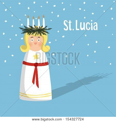 Little blonde girl with wreath and candle crown Saint Lucia. Swedish Christmas tradition vector illustration background flat design.
