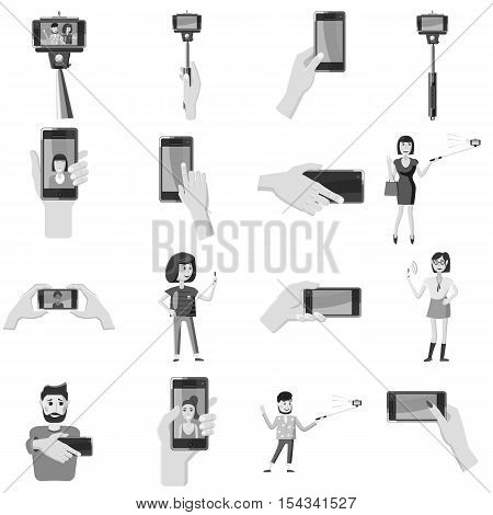 Selfie icons set. Gray monochrome illustration of 16 selfie vector icons for web