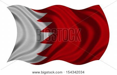 Bahraini national official flag. Patriotic symbol banner element background. Correct colors. Flag of Bahrain with real detailed fabric texture wavy isolated on white 3D illustration