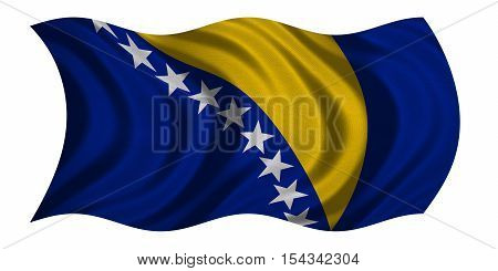Bosnian and Herzegovinian national official flag. Patriotic symbol banner element background. Correct color. Flag of Bosnia and Herzegovina wavy isolated on white fabric texture 3D illustration