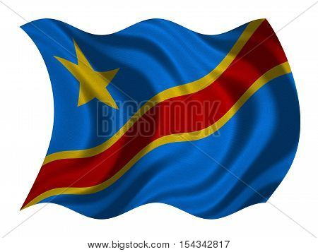 DR Congo national official flag. African patriotic symbol banner element background. Correct color. Flag of Democratic Republic of the Congo wavy isolated on white fabric texture 3D illustration