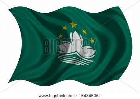 Macanese official flag. Patriotic chinese symbol banner element background. Macau is special region of PRC. Correct colors. Flag of Macau wavy isolated on white real fabric texture 3D illustration