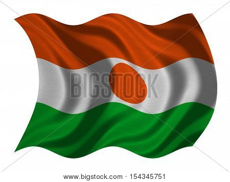 Nigerien national official flag. African patriotic symbol banner element background. Correct colors. Flag of Niger with real detailed fabric texture wavy isolated on white 3D illustration