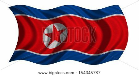 North Korean national official flag. Patriotic DPRK symbol banner element background. Correct colors. Flag of North Korea with real detailed fabric texture wavy isolated on white 3D illustration