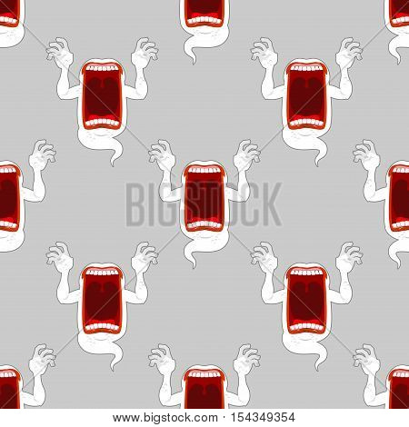 Spooky Seamless Pattern. Terrible Howling Wraith Background. Monster Scares Ornament. Ghost With Ope