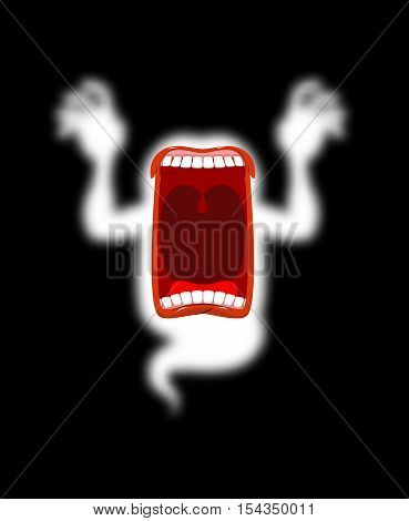 Hungry Ghost. Scary Spook. Horrible Ghost Frightening Screams. Phasing White Monster With An Open Mo