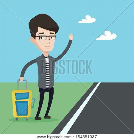 Young caucasian man with suitcase hitchhiking on roadside. Hitchhiking man trying to stop a car on a highway. Man catching taxi car by waving hand. Vector flat design illustration. Square layout.