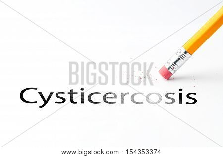 Closeup of pencil eraser and black cysticercosis text. Cysticercosis. Pencil with eraser.