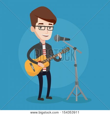 Caucasian man playing guitar. Guitar player singing song and playing an acoustic guitar. Singer singing into a microphone and playing an acoustic guitar. Vector flat design illustration. Square layout