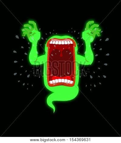 Scary Ghost Shouts. Horrible Wraith Frightening Screams. Green Monster With His Mouth Open. Spook Wi