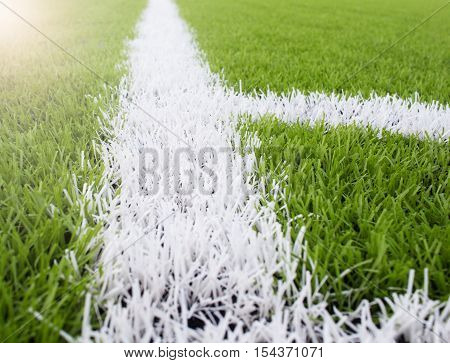 The White Line Marking On The Artificial Green Grass Footbal, Soccer Field