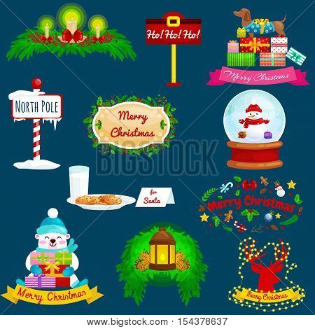 Christmas decorations such as candles on the branches of spruce beautifully decorated with bows and ribbons. Merry Christmas and Happy New Year vector illustration illuminated by candle light.