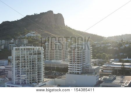 Modern high-rise architecture in downtown Townsville Queensland Australia on a bright sunny summer day with a rooftop view across the city