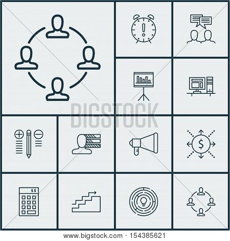 Set Of Project Management Icons On Innovation, Presentation And Time Management Topics. Editable Vec