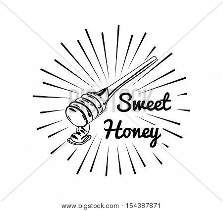 Wooden honey dipper, sketch style vector illustration isolated on white background. Sweet honey label, badge,