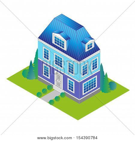 classic house in isometric view with a green lawn and trees. Vacation home in a classic style with a loft and dormer windows.
