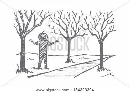 Vector hand drawn Halloween concept sketch. Man with head made of big pumpkin standing near autumn alley ready to frighten