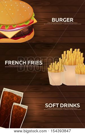 Set Banners For Fast Food Restaurant. Burger, French Fries And Soft Drinks. Vector Illustration.