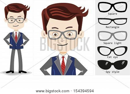 Set: cartoon businessman in trendy square light shaped glasses, isolated. Man in business suit, additional glasses - square, rectangle, cat eye and spy style. On white.